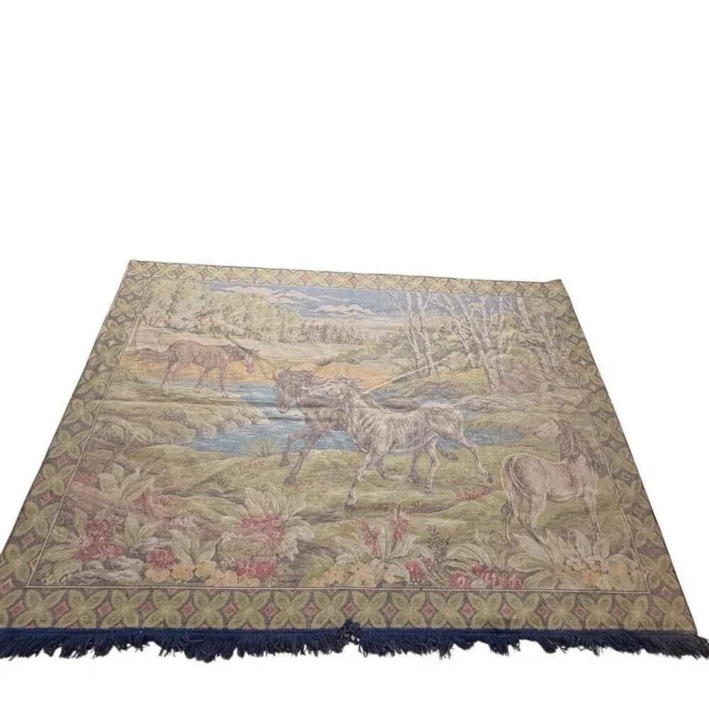 Vintage Wild Horses Wall Hanging Tapestry Rug‎ 1970s 70x 49 Landscape
